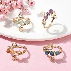 4Pcs 4 Style Natural Mixed Gemstone Round Beaded Finger Rings&nbsp;RJEW-TA00105