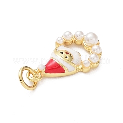 クリスマスラックメッキ真鍮エナメルペンダント  プラスチックイミテーションパールとジャンプリング付き  カドミウムフリー＆鉛フリー  サンタクロースチャーム  18KGP本金メッキ  ホワイト  17.5x10x3.8mm  穴：3mm&nbsp;KK-G469-11G