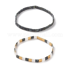 2 個 2 スタイル ガラス シード長方形ビーズ ストレッチ ブレスレット セット  女性用タイルブレスレット  ブラック  内径：2-1/8インチ（5.45cm）  1個/スタイル&nbsp;BJEW-JB09036