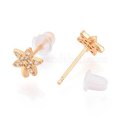Leaf Brass Micro Pave Clear Cubic Zirconia Stud Earrings&nbsp;EJEW-T047-44G