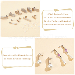 60Pcs 10 Style Rectangle Shape 201 & 304 Stainless Steel Stud Earring Finding&nbsp;STAS-PH0005-29