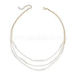 White Round Shell Pearl Beaded & Brass 3 Layer Necklaces&nbsp;NJEW-TA00233