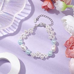 女性用ガラスシェルパール＆ABSプラスチック模造真珠ビーズブレスレット  アクアマリン  6-3/4インチ（17cm）  12mm&nbsp;BJEW-JB10597