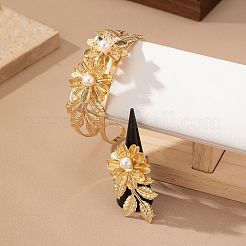 フラワー合金カフバングル＆リングセット  プラスチック模造パールと  ゴールドカラー  バングル：内径：80mm、リング：内径：18mm&nbsp;FS-WGF897A-01