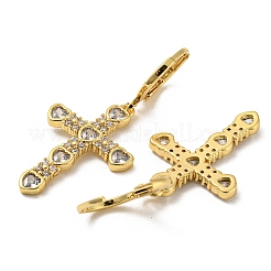 クロス リアル 18K ゴールド メッキ ブラス ダングル レバーバック イヤリング  ガラスと  透明  39x17.5mm&nbsp;EJEW-A033-01G-02