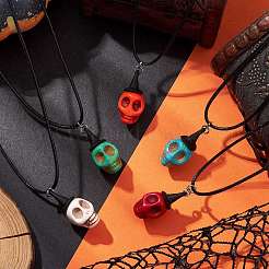 ハロウィーンテーマの染色合成ターコイズスカルペンダントネックレス  ワックスロープネックレス  ミックスカラー  17.40インチ（44.2cm）&nbsp;NJEW-JN04848