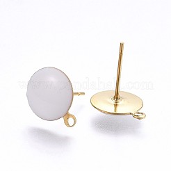 イオンプレーティング（IP）304ステンレススチールスタッドピアス金具  カン付き  エナメル  フラットラウンド  ゴールドカラー  ホワイト  12.5x10x2mm  穴：1.2mm  ピン：0.8mm  100個/袋&nbsp;STAS-P203-A06-02