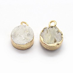 天然石ドゥルージークォーツチャーム  真鍮パーツ  フラットラウンド  ゴールドカラー  ホワイトスモーク  10~11x7~8x3~9mm  穴：2mm&nbsp;G-P396-07G-03