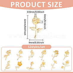 12個12スタイル真鍮ペンダント  花のチャーム  ゴールドカラー  20.5~23.5x8.5~16.5x4~11.5mm  穴：0.9~1mm  1個/スタイル&nbsp;KK-ME0004-94