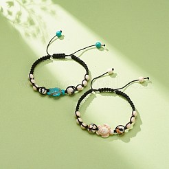 2Pcs 2 Color Synthetic Turquoise(Dyed) Tortoise & Magnesite & Ocean White Jade(Dyed) Braided Bead Bracelets Set&nbsp;BJEW-JB08380