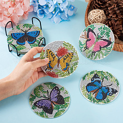 5d diy ダイヤモンド塗装カップ マット キット  アイアンコースターホルダー付  樹脂ラインストーン  ダイヤモンド付箋  トレープレートと接着剤クレイ  ちょうの模様  100x2mm&nbsp;DIY-TAC0021-09A