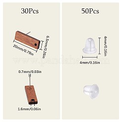 ウォールナット材の長方形スタッドピアス金具15組  304ステンレススチールピンとプラスチックイヤーナット50個付き  ココナッツブラウン  20x6.5mm  穴：1.6mm  ピン：0.7mm&nbsp;EJEW-SC0001-28