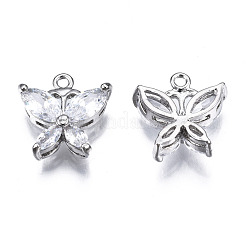 真鍮象眼細工の透明な立方晶ジルコニアのチャーム  蝶  プラチナ  13.5x13x4mm  穴：1.4mm&nbsp;ZIRC-S069-028P