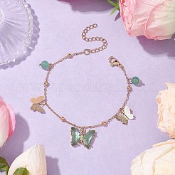 ラウンド 6mm 天然グリーン アベンチュリン & バタフライ ガラス チャーム ブレスレット  女性用真鍮アズキチェーンブレスレット  ゴールドカラー  7-1/2インチ（19cm）&nbsp;BJEW-TA00525