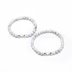 ナチュラルハウライトストレッチブレスレット2個セット  heart & word m and f アクリル ビーズ カップル ブレスレット ベスト フレンド 恋人  内径：2インチ（5.2cm）&nbsp;BJEW-JB08673-02