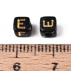 不透明なアクリルビーズ  ゴールドライン入り  文字付きのキューブ  ブラック  文字e  4.5~5x4.5~5x4.5~5mm  穴：2mm  約6250個/500g&nbsp;SACR-T035-20E