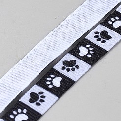 ポリエステルの足跡プリントグログランリボン  布のDIY装飾用  ブラック  3/8インチ（10mm）  5ヤード/ロール&nbsp;OCOR-TAC0015-20A