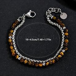 Natural Tiger Eye Round Beaded 2-Strand Bracelets with 201 Stainless Steel Box Chains for Men Women&nbsp;EI8345-1