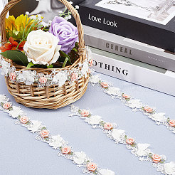 3ヤード刺繍花ポリエステルレーストリム  模造真珠ビーズ  縫製装飾工芸品  ホワイト  1-3/8インチ（35mm）&nbsp;OCOR-GF0002-54