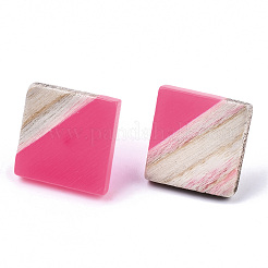 透明樹脂＆ウッドスタッドピアス  304ステンレスピン付き  菱形  ショッキングピンク  17x18mm  ピン：0.7mm&nbsp;EJEW-N017-005A-A04
