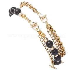 2Pcs 2 Styles Round Natural Obsidian & Synthetic Hematite Beaded Bracelets & 304 Stainless Steel Cable Chains Bracelets for Women&nbsp;BJEW-JB12800-02