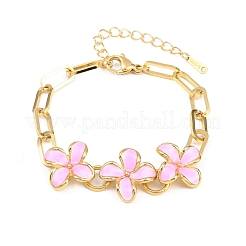 304ステンレススチール製エナメルフラワーリンクブレスレット（女性用）  イオンプレーティング（ip）  ピンク  7.32インチ（18.6cm）&nbsp;BJEW-Z160-02G-02
