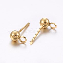 304ステンレススチールボールスタッドピアス金具  カン付き  ラウンド  ゴールドカラー  15x4mm  穴：1.8mm&nbsp;X-STAS-E436-17B-G