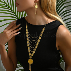Brass Layered Coin with Rose Tassel Necklaces & Earrings Sets for Women&nbsp;TJ9776