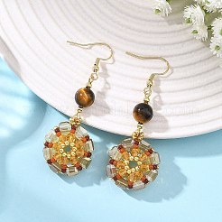 ガラスシードビーズはピアスをぶら下げる  ラウンド  天然石ミックスの丸いビーズのドロップピアス（女性用）  ゴールドカラー  ミックスカラー  62x22mm  4のペア/セット&nbsp;EJEW-MZ00763