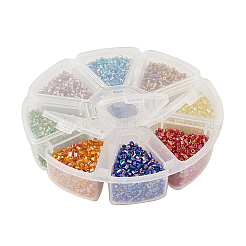 11/0ツーカットラウンド穴ガラスシードビーズ  六角  銀並ぶ  虹メッキ  ミックスカラー  2x2mm  穴：0.5mm&nbsp;SEED-YS0001-01