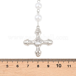 Brass Pave Clear Cubic Zirconia Cross Y Pendant Necklaces with ABS Imitation Pearl Handmade Link Chain&nbsp;NJEW-F364-06P