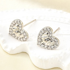 真鍮マイクロペーブクリアキュービックジルコニアスタッドピアス  ハート  プラチナ  10.5x10.5mm&nbsp;EJEW-M103-11P