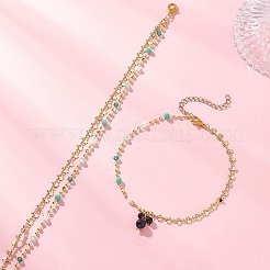 2Pcs 2 Styles Brass Star Tassel Handmade Glass Link Chain Anklet Sets&nbsp;AJEW-AN00761