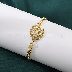 真鍮マイクロペーブクリアキュービックジルコニアリンクブレスレット  女性用カーブチェーンジュエリー  18KGP本金メッキ  ハート  7インチ（17.7cm）  ハート：22.5x18x3.5mm&nbsp;BJEW-Z082-03G-03