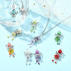 30個10スタイルの手作りガラスパールビーズペンダント  天使のペンダント  合金の羽根とアクリルフラワービーズとガラスシードビーズ付き  ミックスカラー  40mm  穴：2.5mm  3個/スタイル&nbsp;PALLOY-CJD00004
