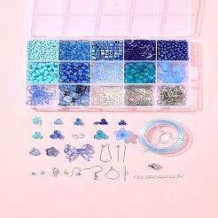 DIY ジュエリーセット ファインディングキット  ステンレススチールのピアスフックとピンを含む  合金の留め金  ガラス＆アクリルビーズ  伸縮性のある糸  ブルー&nbsp;DIY-FS0008-58
