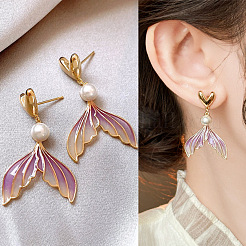 Fishtail Alloy Plastic Pearl Dangle Stud Earrings&nbsp;FS-WG851AA-01