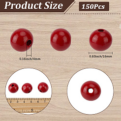 スプレー塗装された丸い天然シマウッドビーズ  暗赤色  16mm  穴：4mm  150個/セット&nbsp;WOOD-PA0001-81C-02