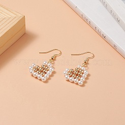 ナチュラルパールダングルピアス  女性のためのゴールデンブラスワイヤーラップジュエリー  ハート柄  40mm  ピン：0.7mm&nbsp;EJEW-JE05210-02