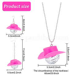 ガラスディスコボールダングルイヤリング付きプラスチックキャップ6ペアとペンダントネックレス1個。  女性のためのプラチナ合金ジュエリー  濃いピンク  ピアス：61~106mm  ピン：0.8mm  ネックレス：24.02インチ（61cm）&nbsp;SJEW-AN0001-10