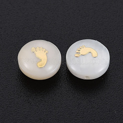 天然淡水シェルビーズ  金メッキ真鍮金属装飾付き  足でフラットラウンド  貝殻色  8x3.5mm  穴：0.7mm&nbsp;SHEL-S278-054