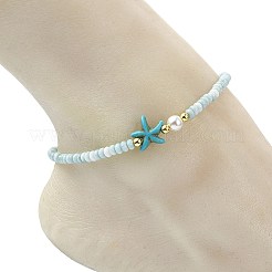 Ocean Dyed Synthetic Turquoise Starfish & Rondelle Glass Beaded Anklets for Women&nbsp;AJEW-AN00806