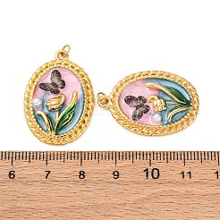 304ステンレススチールエナメルペンダント  蝶と花が描かれた楕円形  ABSプラスチック製の模造真珠とプラスチック製のジャンプリング付き  イオンプレーティング（ip）  18KGP本金メッキ  ピンク  30x21x4mm  穴：2.5mm&nbsp;STAS-U061-48G-03