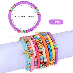 ストレッチチャームブレスレットセット  手作りのポリマークレイヘイシビーズと真鍮製スペーサービーズと合金ペンダント付き  ミックスカラー  内径：2-1/8インチ（5.5cm）  10個/セット&nbsp;BJEW-SZ0001-001