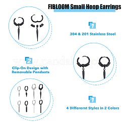 16個 8スタイル 304 & 201 ステンレススチール ダングルフープピアス、ステンレススチールピン付き  弾丸と円錐と長方形  ブラック&ステンレススチール  38.5~48mm  2個/スタイル&nbsp;EJEW-FI0002-92