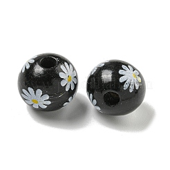プリントウッドヨーロピアンビーズ  デイジー模様の丸い  ブラック  15.5~16mm  穴：4~4.5mm&nbsp;WOOD-G022-19E