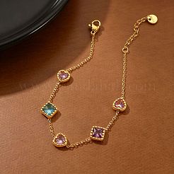 304 Stainless Steel Pave Colorful Cubic Zirconia Rhombus Heart Link Bracelets for Women&nbsp;WG7C819-01