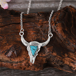 Alloy Pave Synthetic Turquoise Triangle Cattle Head Pendant Necklaces&nbsp;FS-WG063A3-02