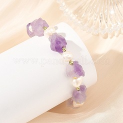Raw Natural Amethyst Nuggets and Natural Cultured Freshwater Pearl Bead Beaded Bracelets&nbsp;BJEW-JB14387-01
