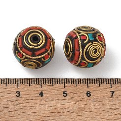 真鍮、樹脂、ポリマークレイのビーズ  スパイラル模様のラウンド  ゴールドカラー  レッド  17.5x17mm  穴：1.8mm&nbsp;PY-CBAE318-04